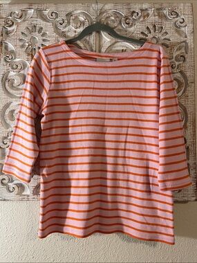 L.L. Bean Pink & Orange Striped Boatneck Long Sleeve Top